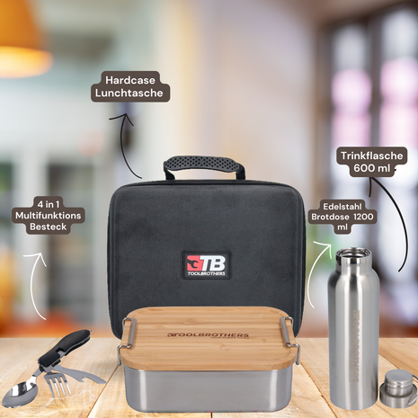 Toolbrothers Fan Lunchpaket in Hardcase Tragetasche Lunchtasche Wasserdicht  mit Edelstahl Brotdose & Bambus Deckel 1200 ml + Edelstahl Trinkflasche 600 ml + 4 in 1 Multifunktions Besteck