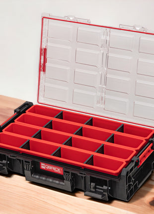 Qbrick System ONE Organizer XL 2.0 Long Bin stapelbar 582 x 387 x 131 mm 13,5 l IP66 mit 4 Inlays und 12 Trennwände