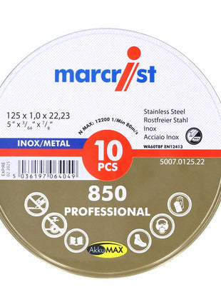 Marcrist 850 Inox Special Disque à tronçonner ultra fin Lot de 10 125 x 1,0 x 22,23 mm (5007.0125.22-10) pour meuleuse d'angle