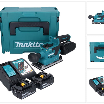 Makita DBO 381 RTJU Akku Schwingschleifer 18 V 93 x 185 mm Brushless + 2x Akku 5,0 Ah + Ladegerät + Makpac