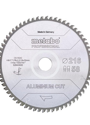 Metabo Aluminum Cut - Lame de scie circulaire professionnelle 216 x 30 mm Z58 FZ/TZ 5° NEG (628443000) pour l'aluminium