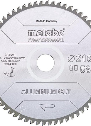 Metabo Aluminum Cut - Lame de scie circulaire professionnelle 216 x 30 mm Z58 FZ/TZ 5° NEG (628443000) pour l'aluminium