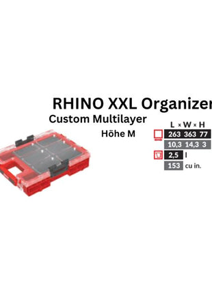 Toolbrothers RHINO XXL Organizer ULTRA Höhe M Custom Multilayer stapelbar 365 x 265 x 77 mm 2,5 l IP66 mit Schaumstoffeinlage