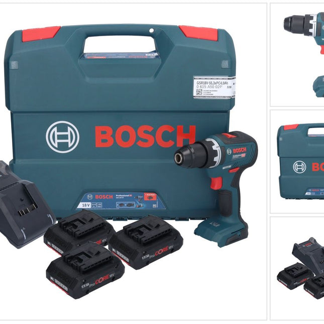 Bosch GSR 18V-55 Professional Akku Bohrschrauber 18 V 55 Nm Brushless ( 0615A5002P ) + 3x ProCORE Akku 4,0 Ah + Ladegerät + L-Case