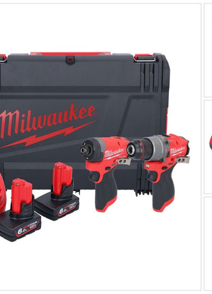 Milwaukee M12 FPP2A2-602X Combo Set ( 4933480588 ) M12 FPD2 akumulatorowa wiertarko-wkrętarka udarowa 45 Nm + M12 FID2 akumulatorowy klucz udarowy 170 Nm 1/4" bezszczotkowy + 2x akumulator 6.0 Ah + ładowarka + pudełko HD