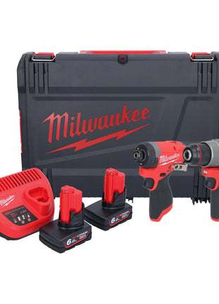 Milwaukee M12 FPP2A2-602X Kit combiné ( 4933480588 ) Perceuse-visseuse à percussion sans fil M12 FPD2 45 Nm + M12 FID2 Clé à choc sans fil 170 Nm 1/4'' Brushless + 2x batterie 6,0 Ah + chargeur + HD-Box