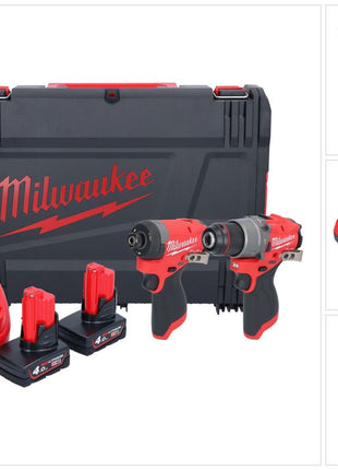 Milwaukee M12 FPP2A2-402X combo set (4933480587) Taladro de impacto a batería M12 FPD2 45 Nm + atornillador de impacto a batería M12 FID2 170 Nm 1/4" sin escobillas + 2x batería 4,0 Ah + cargador + caja HD