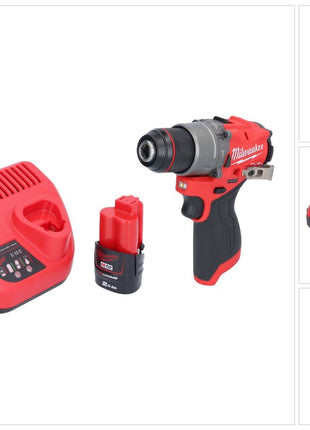 Milwaukee M12 FPD2-201 akumulatorowa wiertarka udarowa 12 V 45 Nm bezszczotkowa + 1x akumulator 2,0 Ah + ładowarka