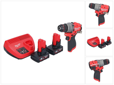 Taladro percutor inalámbrico Milwaukee M12 FPD2-402 12 V 45 Nm sin escobillas + 2x baterías 4,0 Ah + cargador