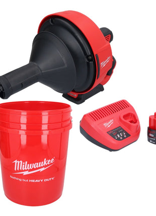 Limpiador de tuberías a batería Milwaukee M12 BDC6-201C 12 V + 1x batería 2,0 Ah + cargador + espiral + cubo