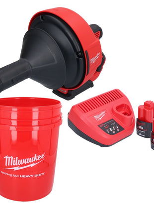 Milwaukee M12 BDC6-202C Akku Rohrreinigungsgerät 12 V + 2x Akku 2,0 Ah + Ladegerät + Spirale + Eimer