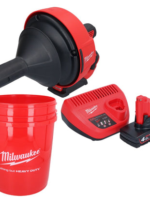 Limpiador de tuberías a batería Milwaukee M12 BDC6-401C 12 V + 1x batería 4,0 Ah + cargador + espiral + cubo