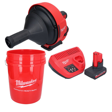 Limpiador de tuberías a batería Milwaukee M12 BDC6-501C 12 V + 1x batería 5,0 Ah + cargador + espiral + cubo