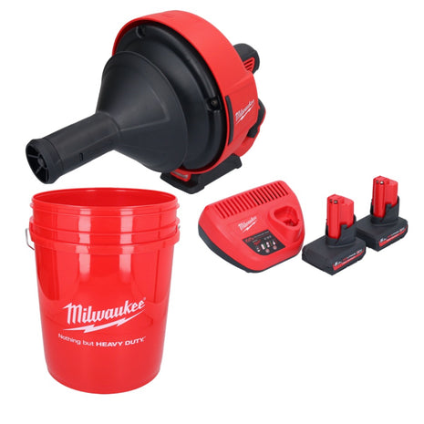 Limpiador de tuberías a batería Milwaukee M12 BDC6-502C 12 V + 2x baterías 5,0 Ah + cargador + espiral + cubo