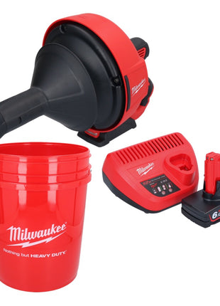 Limpiador de tuberías a batería Milwaukee M12 BDC6-601C 12 V + 1x batería 6,0 Ah + cargador + espiral + cubo