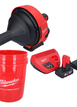 Limpiador de tuberías a batería Milwaukee M12 BDC6-602C 12 V + 2x baterías 6,0 Ah + cargador + espiral + cubo