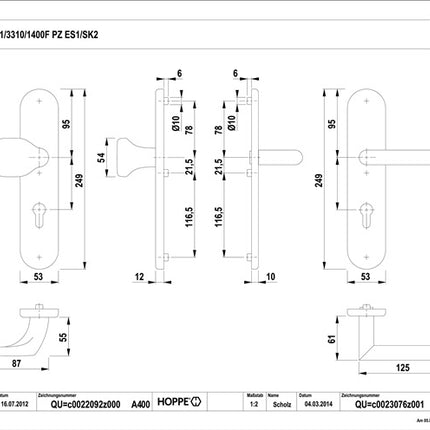HOPPE Feuerschutzgarnitur Amsterdam FS-E86G/3331/3310/1400F Edelstahl F69 D/K ( 3000220044 )