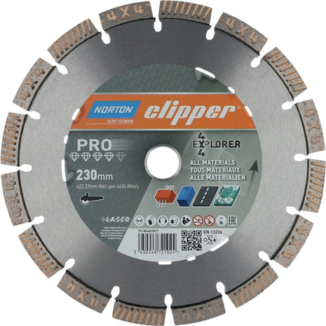 NORTON CLIPPER Disque à tronçonner diamant 4 x 4 Explorer D. 230 mm perçage de 22,23 mm ( 4000818801 )