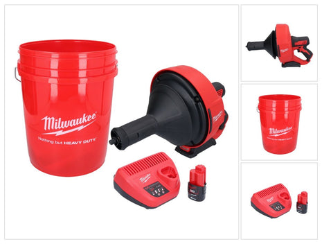 Limpiador de tuberías a batería Milwaukee M12 BDC8-201C 12 V + 1x batería 2,0 Ah + cargador + espiral + cubo