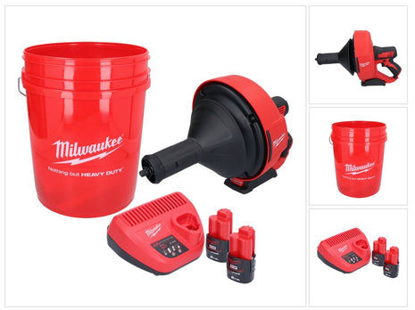 Limpiador de tuberías a batería Milwaukee M12 BDC8-202C 12 V + 2x baterías 2,0 Ah + cargador + espiral + cubo