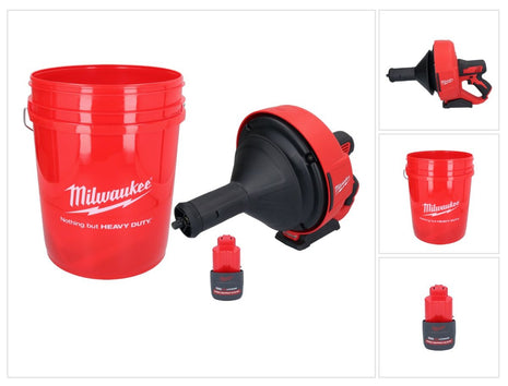 Limpiador de tuberías a batería Milwaukee M12 BDC8-251C 12 V + 1x batería 2,5 Ah + espiral + cubo - sin cargador