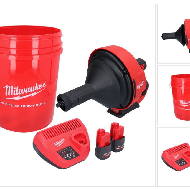Milwaukee M12 BDC8-252C Akku Rohrreinigungsgerät 12 V + 2x Akku 2,5 Ah + Ladegerät + Spirale + Eimer