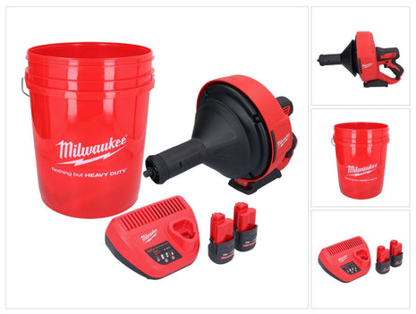 Limpiador de tuberías a batería Milwaukee M12 BDC8-252C 12 V + 2x baterías 2,5 Ah + cargador + espiral + cubo