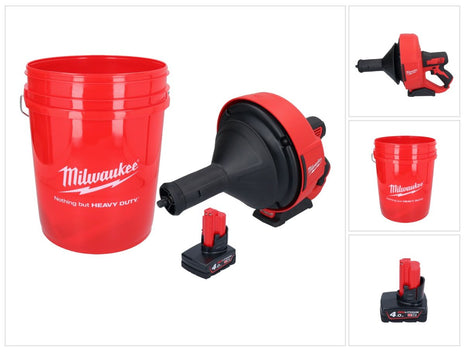 Limpiador de tuberías a batería Milwaukee M12 BDC8-401C 12 V + 1x batería 4,0 Ah + espiral + cubo - sin cargador