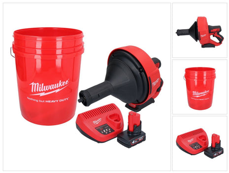 Limpiador de tuberías a batería Milwaukee M12 BDC8-401C 12 V + 1x batería 4,0 Ah + cargador + espiral + cubo