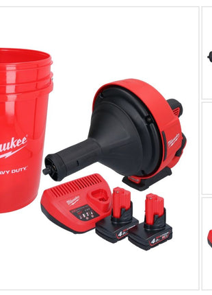 Milwaukee M12 BDC8-402C Akku Rohrreinigungsgerät 12 V + 2x Akku 4,0 Ah + Ladegerät + Spirale + Eimer