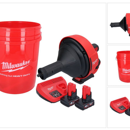 Milwaukee M12 BDC8-402C Akku Rohrreinigungsgerät 12 V + 2x Akku 4,0 Ah + Ladegerät + Spirale + Eimer