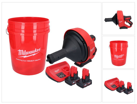 Limpiador de tuberías a batería Milwaukee M12 BDC8-402C 12 V + 2x baterías 4,0 Ah + cargador + espiral + cubo