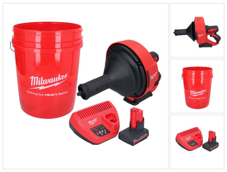 Limpiador de tuberías a batería Milwaukee M12 BDC8-501C 12 V + 1x batería 5,0 Ah + cargador + espiral + cubo