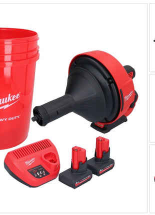 Milwaukee M12 BDC8-502C Akku Rohrreinigungsgerät 12 V + 2x Akku 5,0 Ah + Ladegerät + Spirale + Eimer