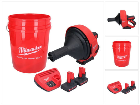 Limpiador de tuberías a batería Milwaukee M12 BDC8-502C 12 V + 2x baterías 5,0 Ah + cargador + espiral + cubo