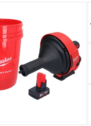 Milwaukee M12 BDC8-601C Akku Rohrreinigungsgerät 12 V + 1x Akku 6,0 Ah + Spirale + Eimer - ohne Ladegerät