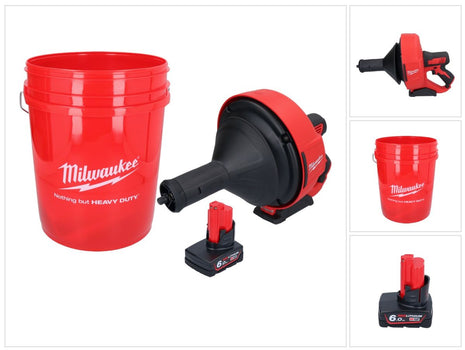 Limpiador de tuberías a batería Milwaukee M12 BDC8-601C 12 V + 1x batería 6,0 Ah + espiral + cubo - sin cargador