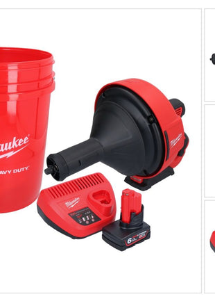 Milwaukee M12 BDC8-601C Akku Rohrreinigungsgerät 12 V + 1x Akku 6,0 Ah + Ladegerät + Spirale + Eimer