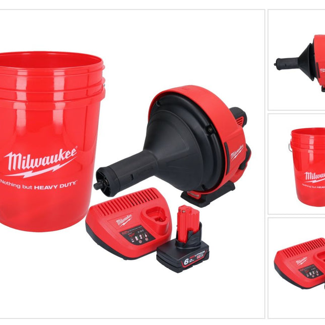 Milwaukee M12 BDC8-601C Akku Rohrreinigungsgerät 12 V + 1x Akku 6,0 Ah + Ladegerät + Spirale + Eimer
