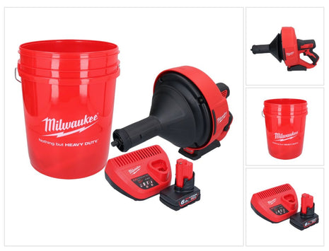 Limpiador de tuberías a batería Milwaukee M12 BDC8-601C 12 V + 1x batería 6,0 Ah + cargador + espiral + cubo