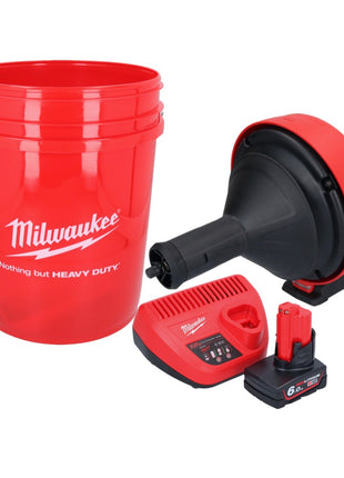 Milwaukee M12 BDC8-601C Akku Rohrreinigungsgerät 12 V + 1x Akku 6,0 Ah + Ladegerät + Spirale + Eimer