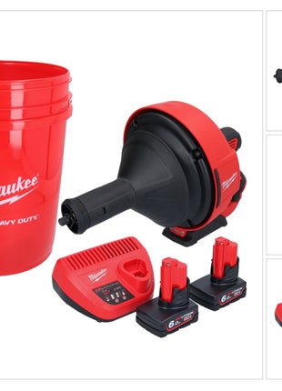 Milwaukee M12 BDC8-602C Akku Rohrreinigungsgerät 12 V + 2x Akku 6,0 Ah + Ladegerät + Spirale + Eimer