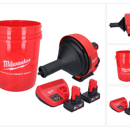 Milwaukee M12 BDC8-602C Akku Rohrreinigungsgerät 12 V + 2x Akku 6,0 Ah + Ladegerät + Spirale + Eimer
