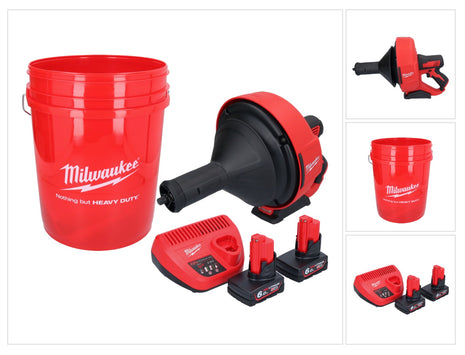 Appareil de nettoyage de tuyaux sur batterie Milwaukee M12 BDC8-602C 12 V + 2x batteries 6,0 Ah + chargeur + spirale + seau