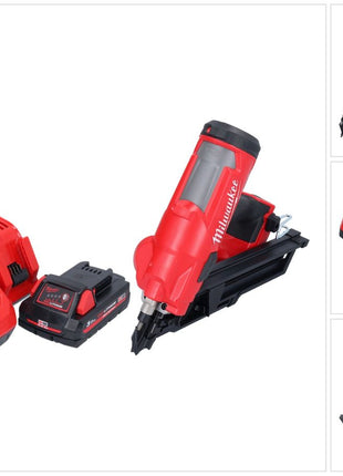 Clavadora a batería Milwaukee M18 FFN-301 18 V 50 - 90 mm sin escobillas + 1x batería 3,0 Ah + cargador