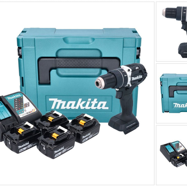 Makita DHP 484 T4JB Akku Schlagbohrschrauber 18 V 54 Nm Brushless schwarz + 4x Akku 5,0 Ah + Ladegerät + Makpac