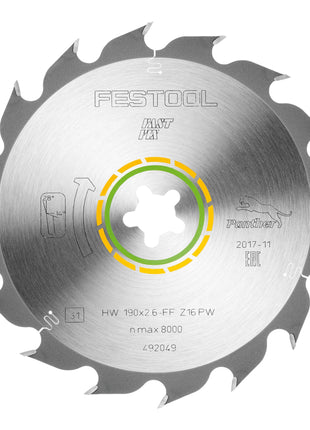 Festool HW 190x2,6 FF PW16 Kreissägeblatt WOOD RIP CUT ( 492049 ) 190 x 2,6 mm 16 Zähne für zur Faser verlaufende Vollholz-Längsschnitte