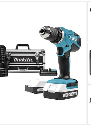 Makita DF 457 DWEX2 Akku Bohrschrauber 18 V 42 Nm G-Serie + 2x Akku 1,5 Ah + Ladegerät + 70 tlg. Zubehör Set + Koffer