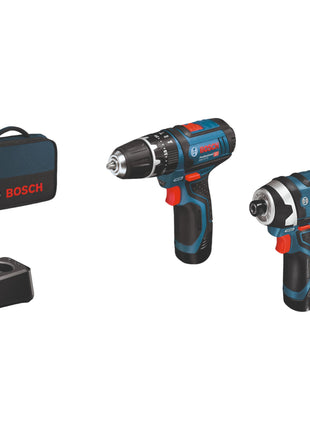 Bosch 12 V Set GSB 12V-15 Akku Schlagbohrschrauber + GDR 12V-105 Akku Drehschlagschrauber ( 06019A6979 ) + 2x Akku 2,0 Ah + Ladegerät + Tasche