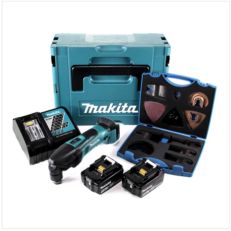 Makita DTM 50 RTJ 18V Li-Ion Akku Multifunktionswerkzeug im Makpac + 2x BL 1850 B 5,0 Ah Akku + 1x DC18RC Ladegerät + WellCut MT - 20 Klingen Set - Toolbrothers